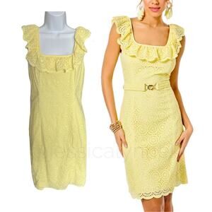 Tuckernuck Lilly Eyelet Embroidered Square Neck Ruffle Sleeve Midi Dress Yellow